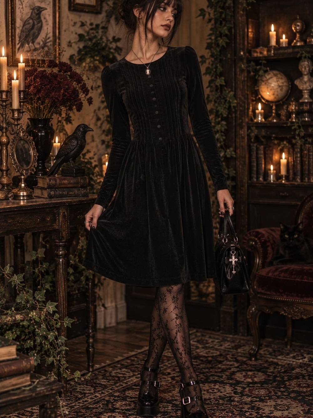 Women's Black Velvet Long-Sleeve A-Line Dress